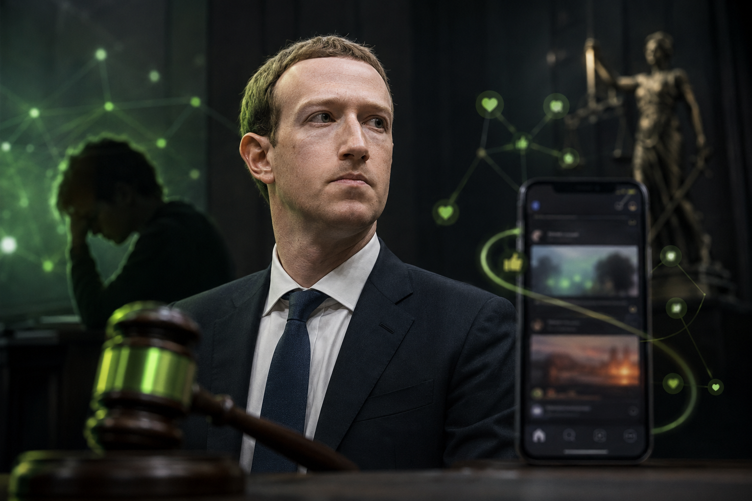 Editorial illustration of Mark Zuckerberg between a judge’s gavel and a smartphone feed, representing Meta’s youth social-media trial.